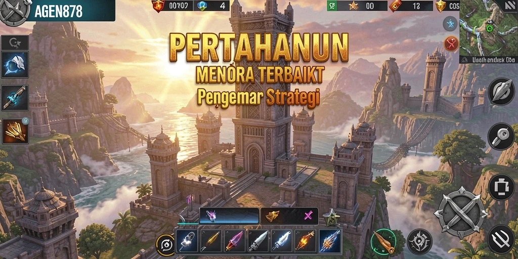Menampilkan gameplay menegangkan di AGEN878 dengan menara strategis.