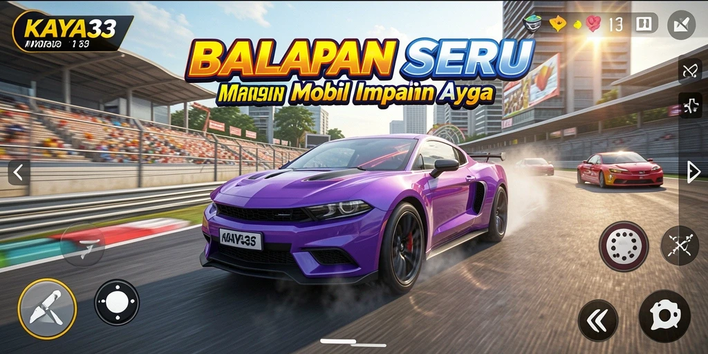 Tampilan gameplay KAYA33 dengan mobil balap sedang melaju di trek.