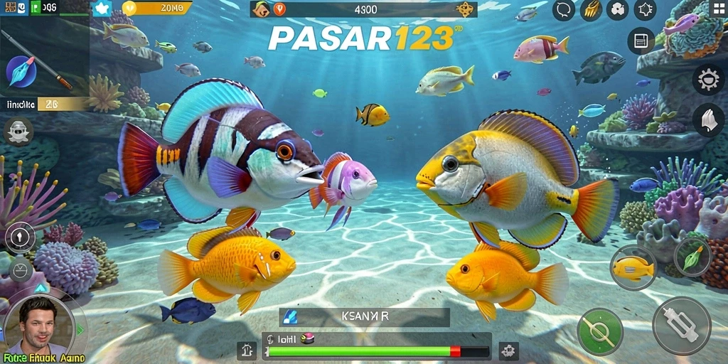 Tangkapan layar gameplay PASAR123 menampilkan aksi seru di bawah laut.