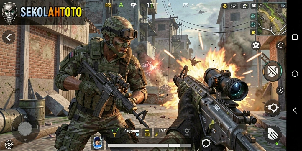 Tampilan gameplay seru di SEKOLAHTOTO dengan aksi tembak-menembak.