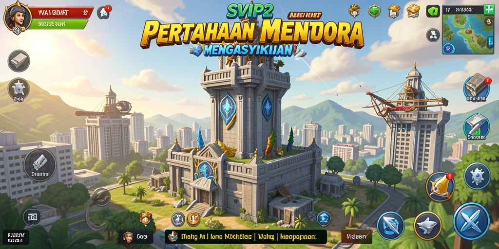 Tampilan gameplay SVIP2 dengan menara menakjubkan melawan gelombang musuh.