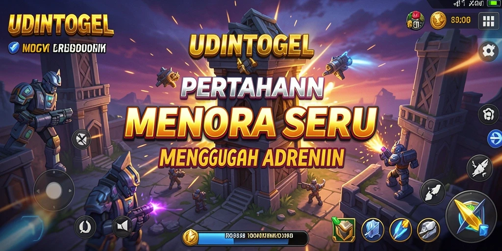 Tangkapan layar gameplay <strong>UDINTOGEL</strong> yang menampilkan pertahanan menara melawan gelombang musuh.