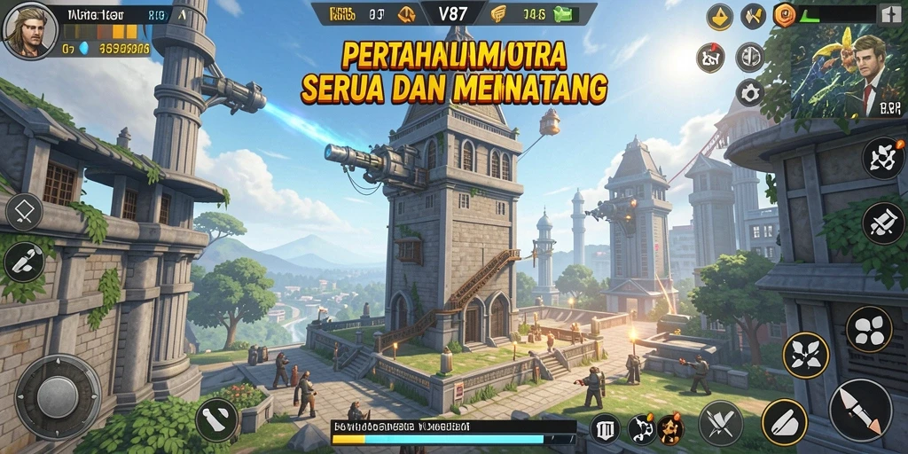 Tampilan gameplay V87 menampilkan menara dan musuh dalam pertarungan seru.
